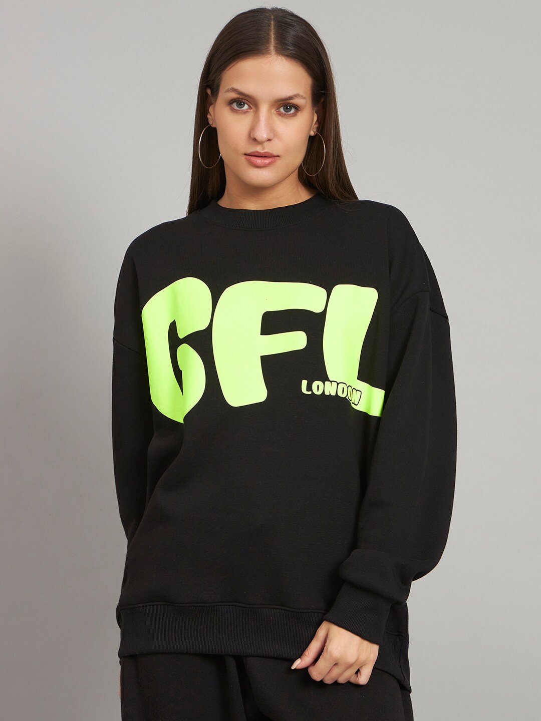 

GRIFFEL Typography Printed Round Neck Fleece Pullover, Black