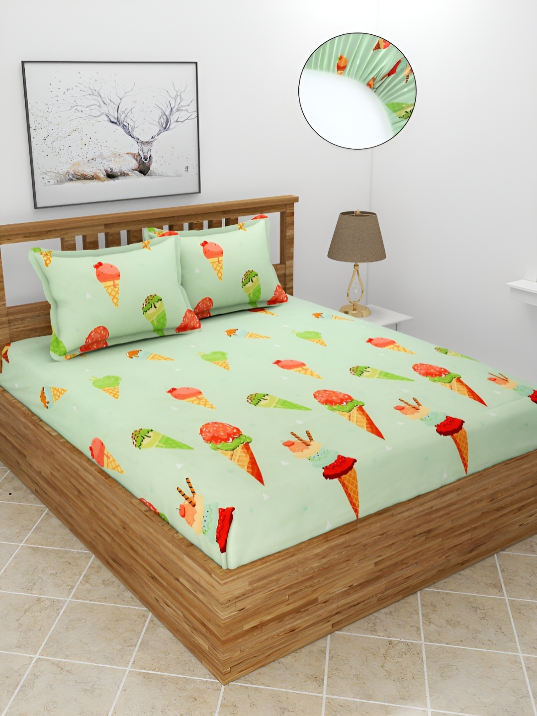 

BREVARD Green 210 TC Fitted Queen Bedsheet With 2 Pillow Covers