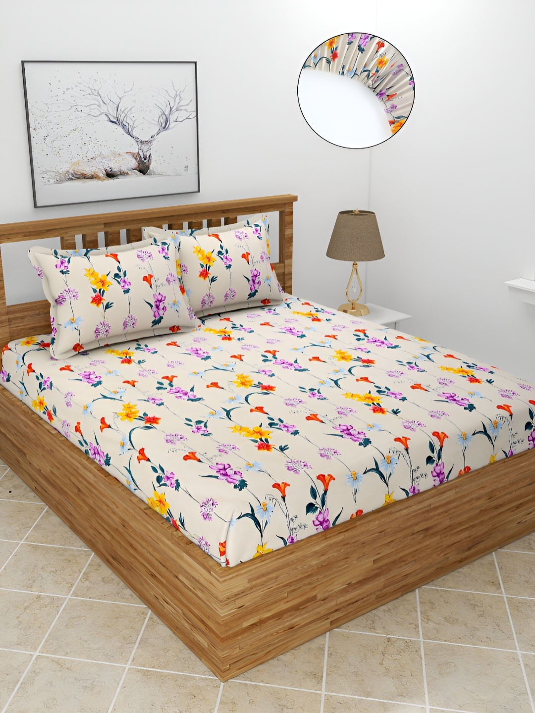 

BREVARD Off White Printed Fitted 210 TC Queen Bedsheet With 2 Pillow Covers