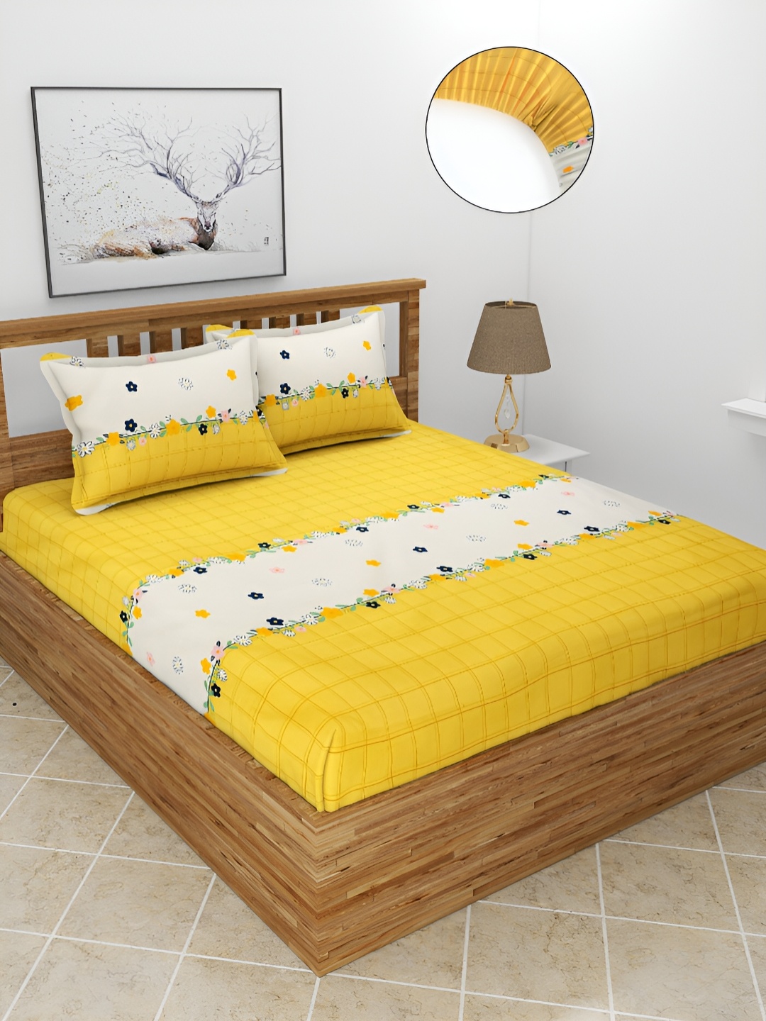 

BREVARD Yellow & Beige Checked 210 TC Fitted Queen Bedsheet With 2 Pillow Covers