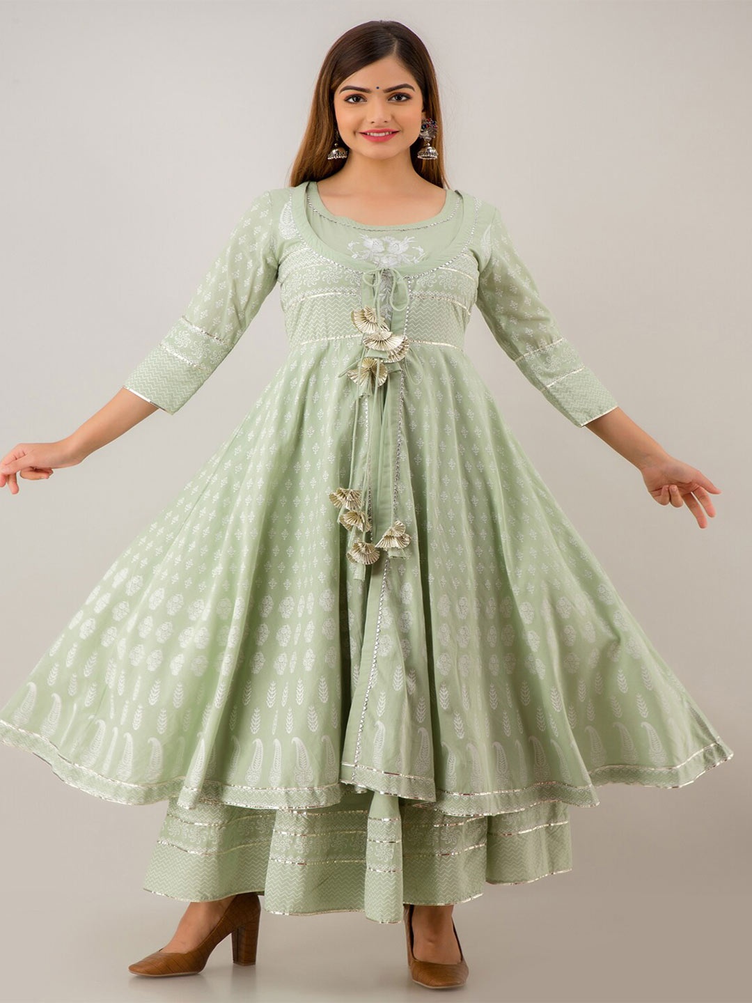 

RANGMAYEE Ethnic Motifs A-Line Cotton Ethnic Dress With Jackets, Green