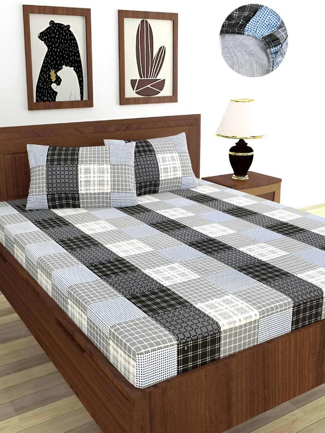 

BREVARD Grey & Black Printed Cotton 210 TC Fitted Queen Bedsheet With 2 Pillow Covers