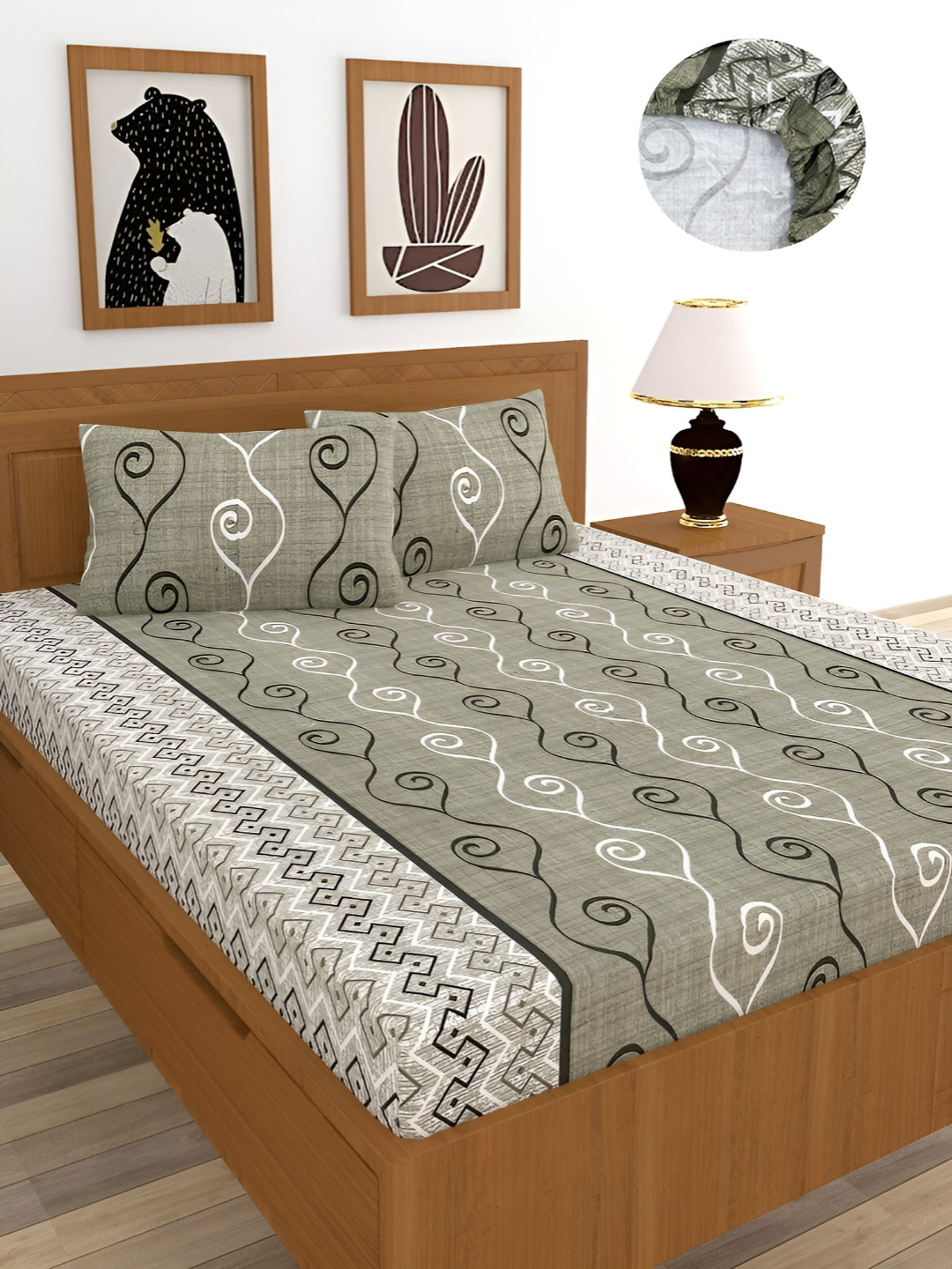 

BREVARD Green & White Printed 210 TC Cotton Fitted Queen Bedsheet With 2 Pillow Covers