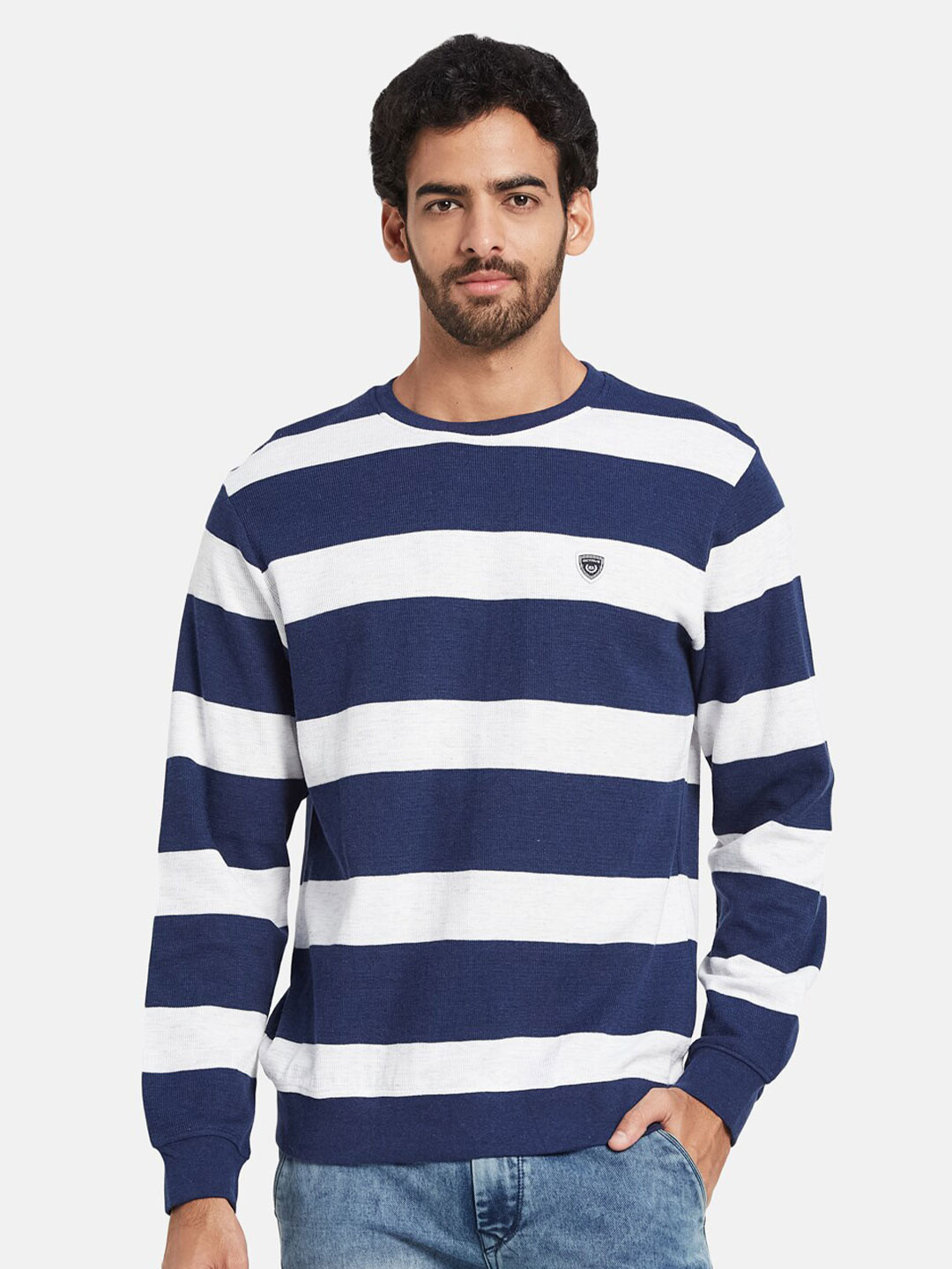 

Octave Striped Round Neck Fleece Pullover, Blue