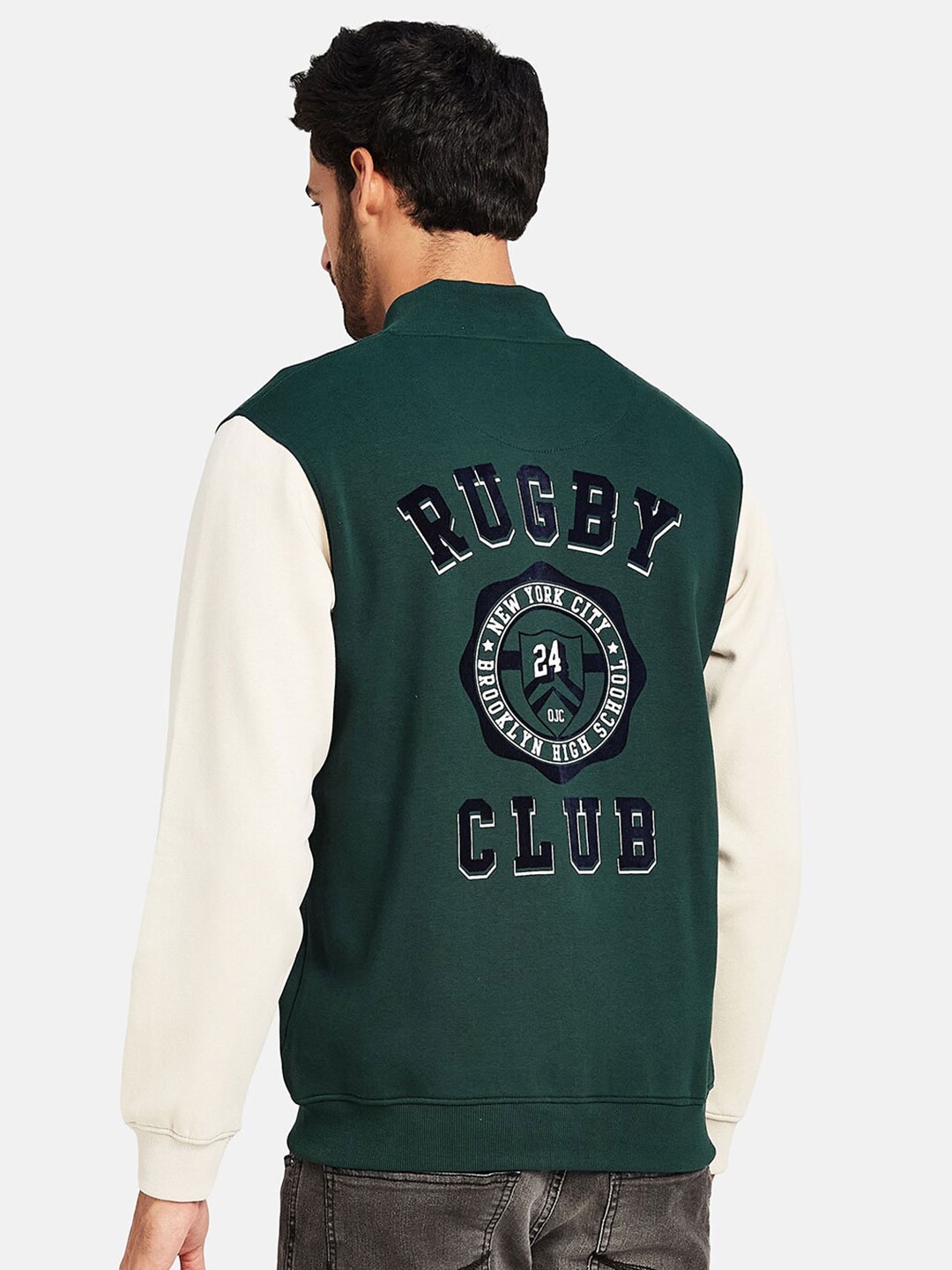 

Octave Typography Printed Fleece Varsity Jacket, Green