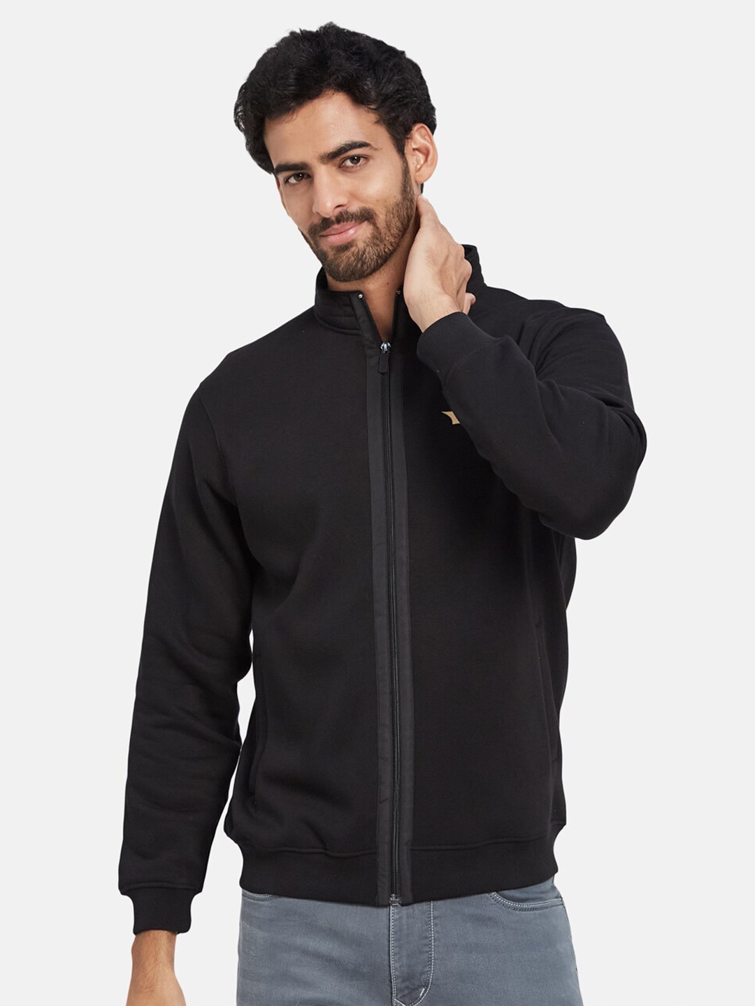 

Octave Batman Printed Stand Collar Fleece Front-Open Sweatshirt, Black
