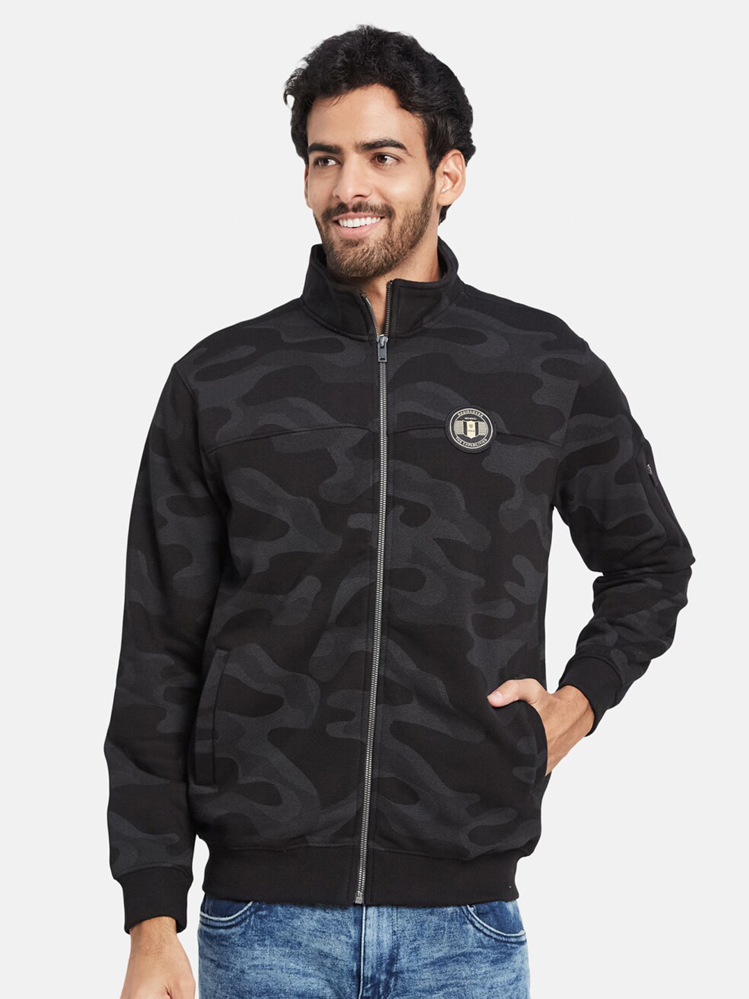 

Octave Camouflage Printed Mock Collar Fleece Front Open Sweatshirt, Black