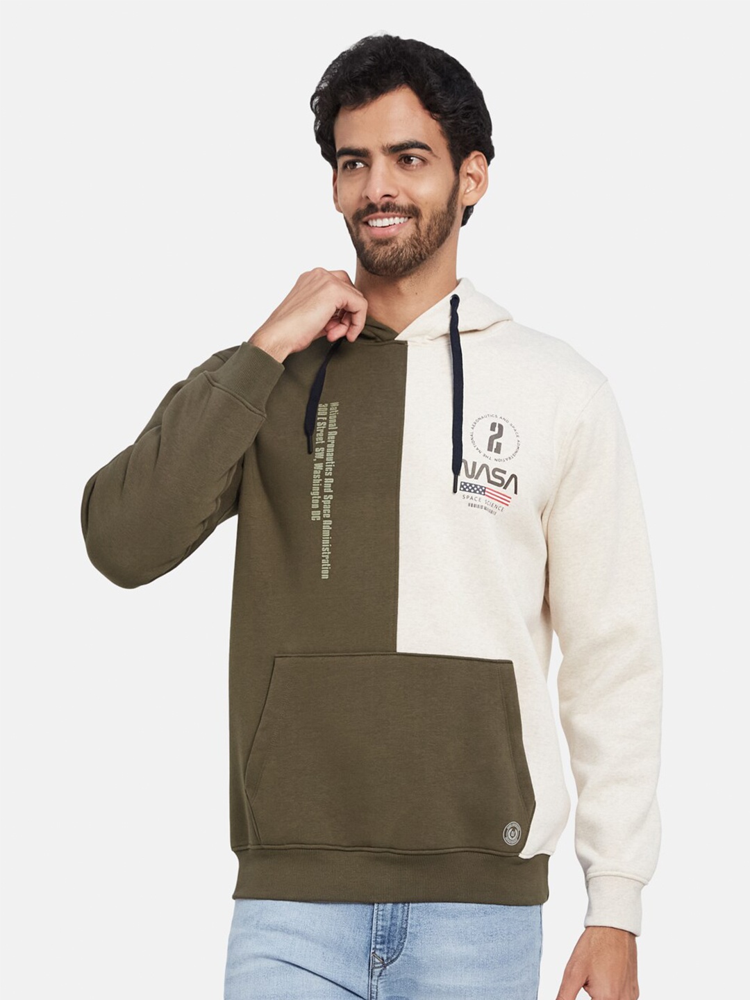Octave Colourblocked NASA Fleece Hooded Pullover Sweatshirt, Brown