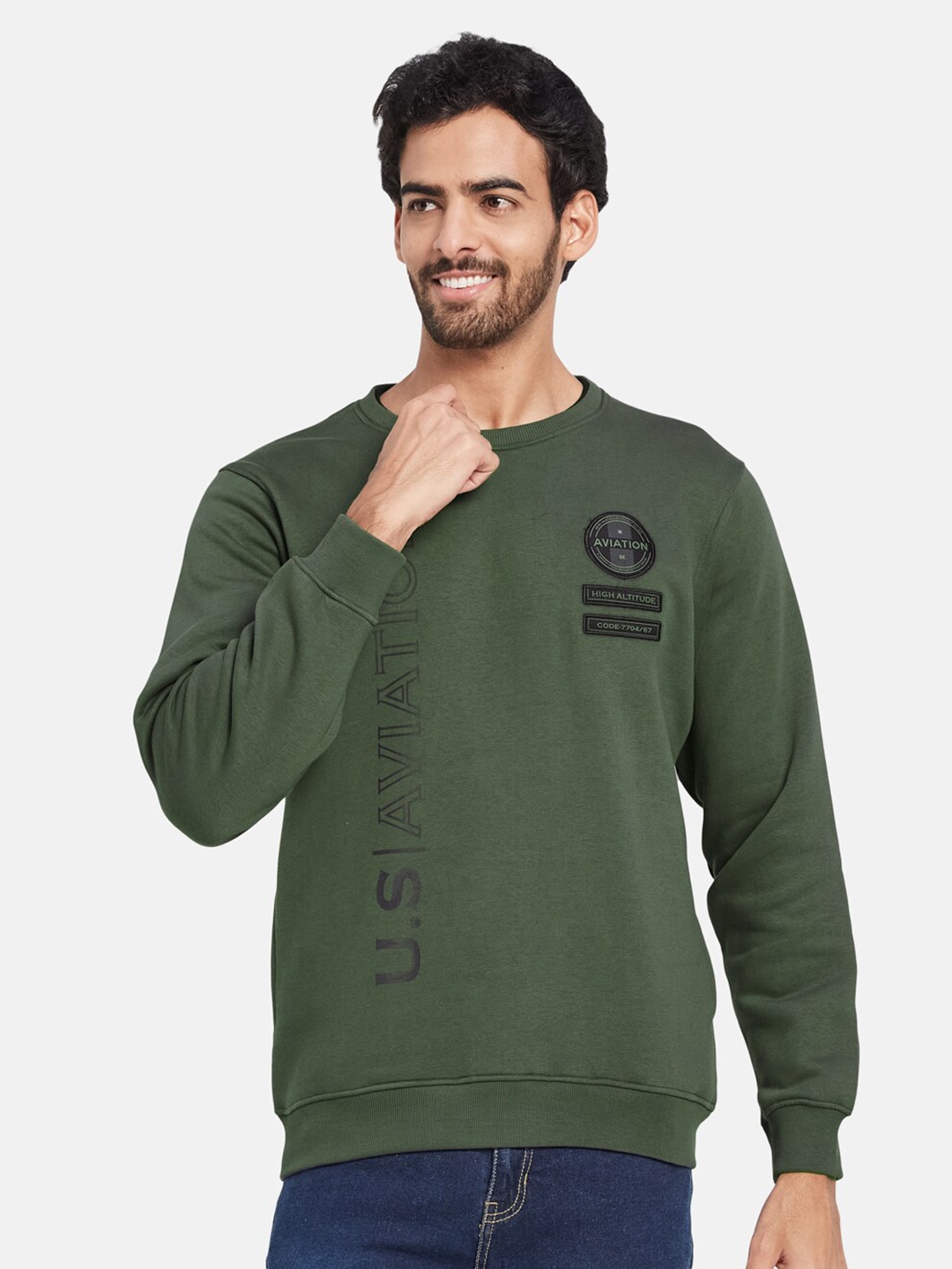 

Octave Typography printed Round Neck Fleece Pullover, Olive