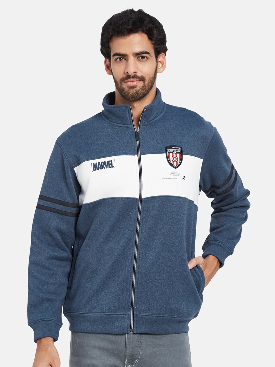 

Octave Colourblocked Mock Collar Fleece Front Open Sweatshirt, Blue
