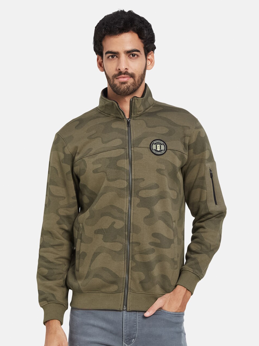 

Octave Camouflage Printed Mock Collar Fleece Front Open Sweatshirt, Green