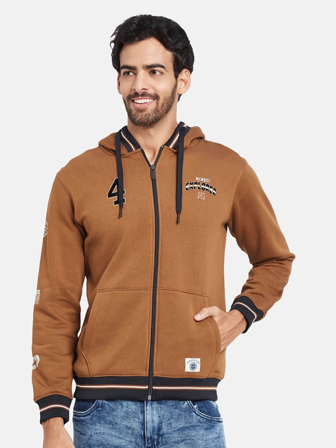 

Octave Typography Printed Hooded Fleece Front-Open Sweatshirt, Brown