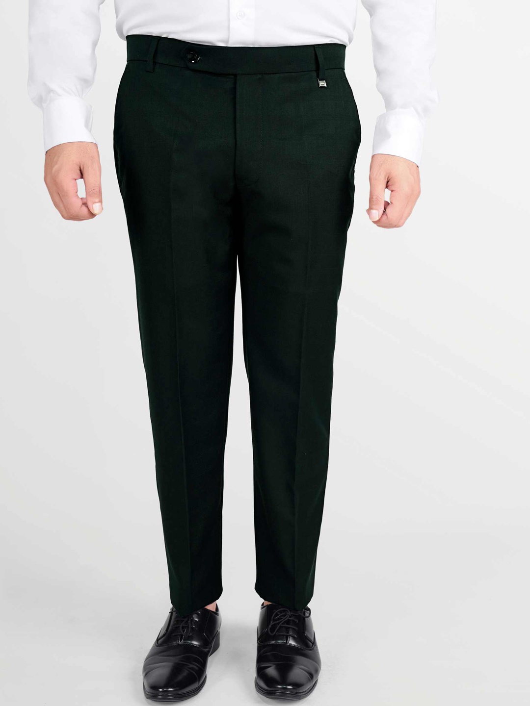 

FRENCH CROWN Men Mid-Rise Relaxed Fit Wrinkle Free Wool Chambray Formal Trousers, Green