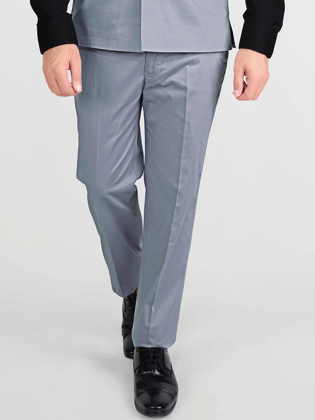 

FRENCH CROWN Men Cotton Relaxed Wrinkle Free Chambray Formal Trousers, Grey