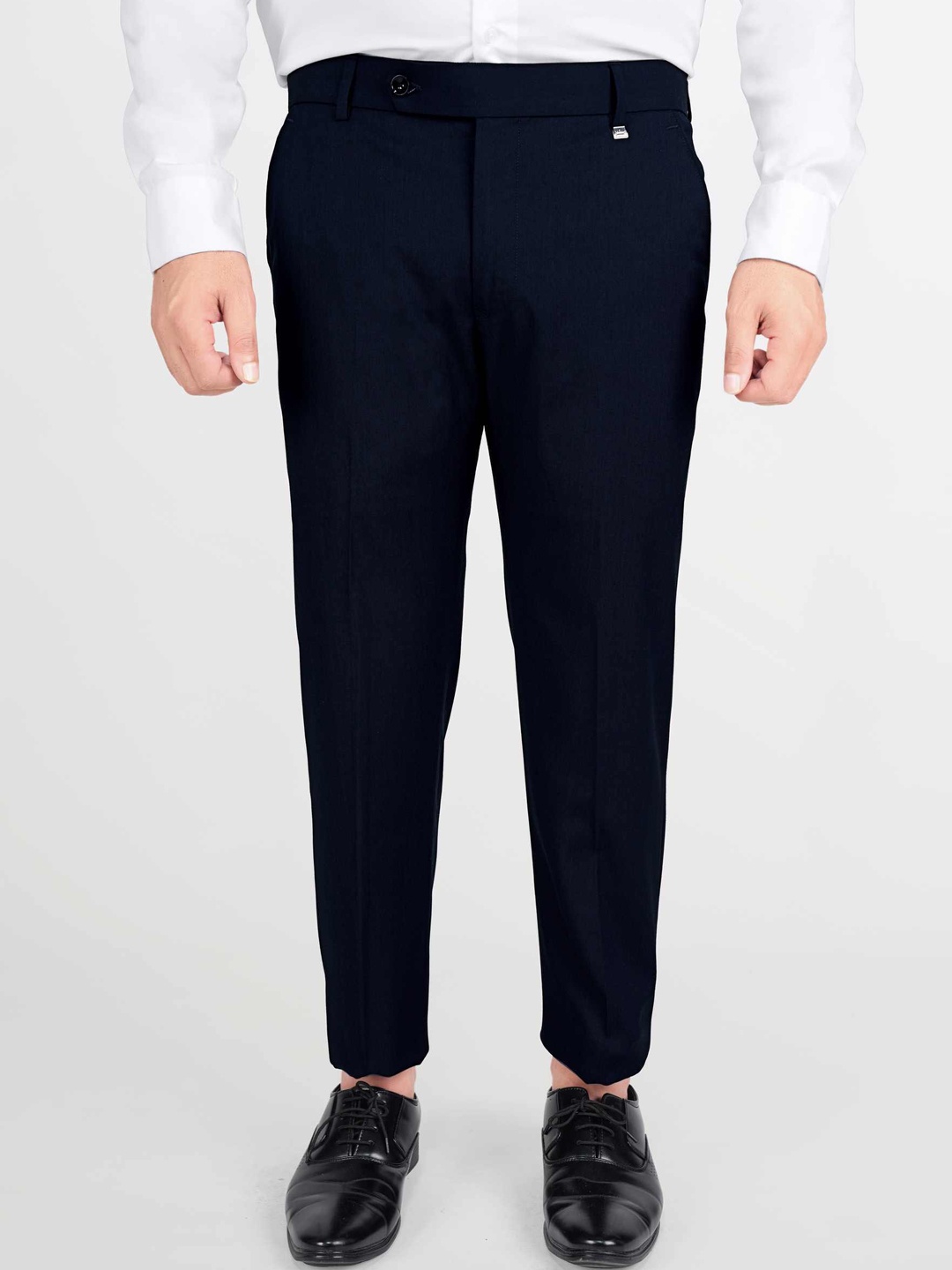 

FRENCH CROWN Men Relaxed Wrinkle Free Mid Rise Woollen Chambray Formal Trouser, Navy blue