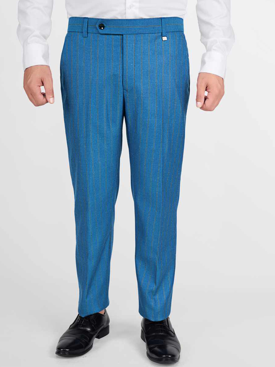 

FRENCH CROWN Men Wool Relaxed Wrinkle Free Chambray Formal Trousers, Blue