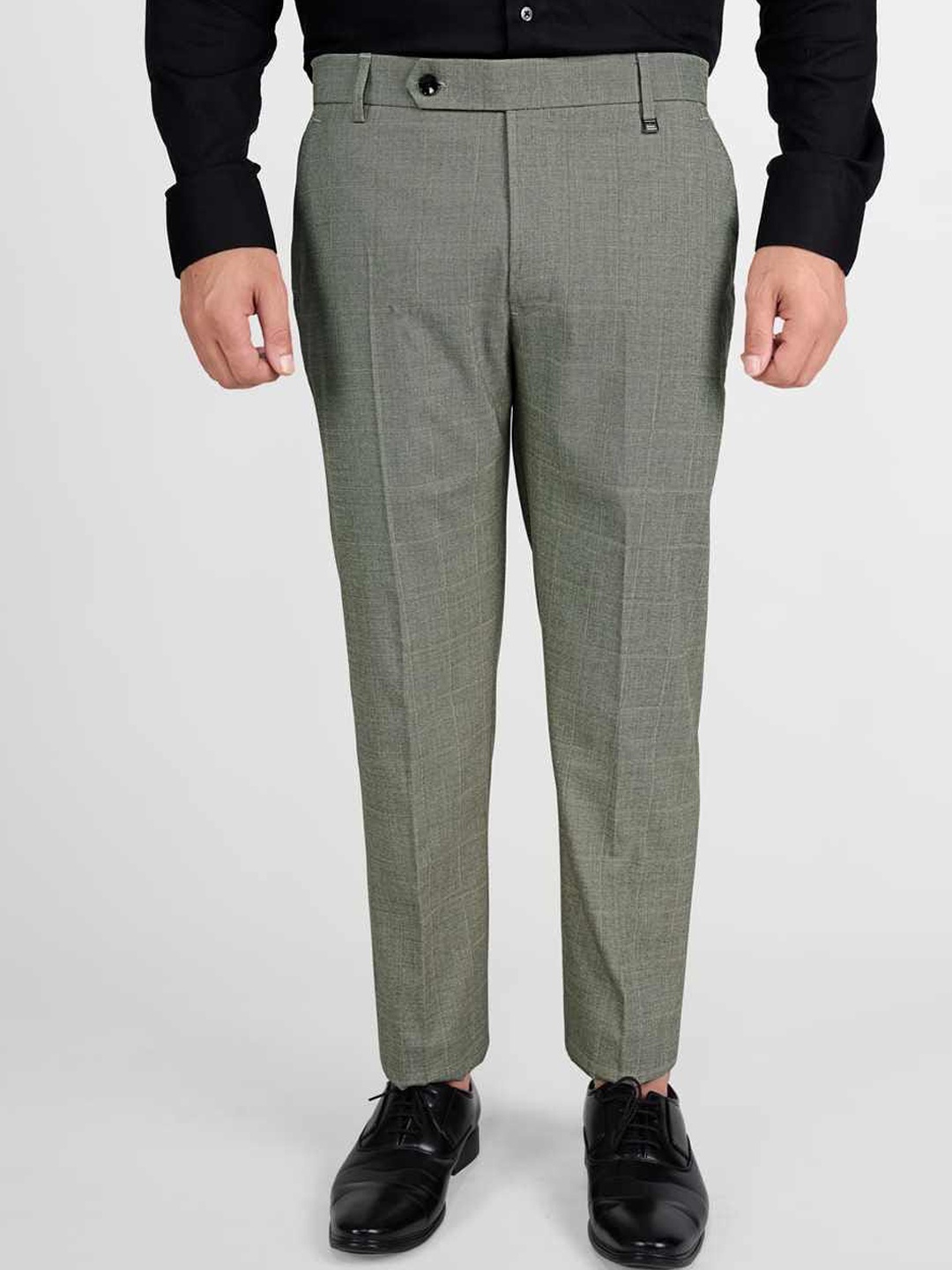 

FRENCH CROWN Men Checked Wool Relaxed Wrinkle Free Chambray Formal Trousers, Grey