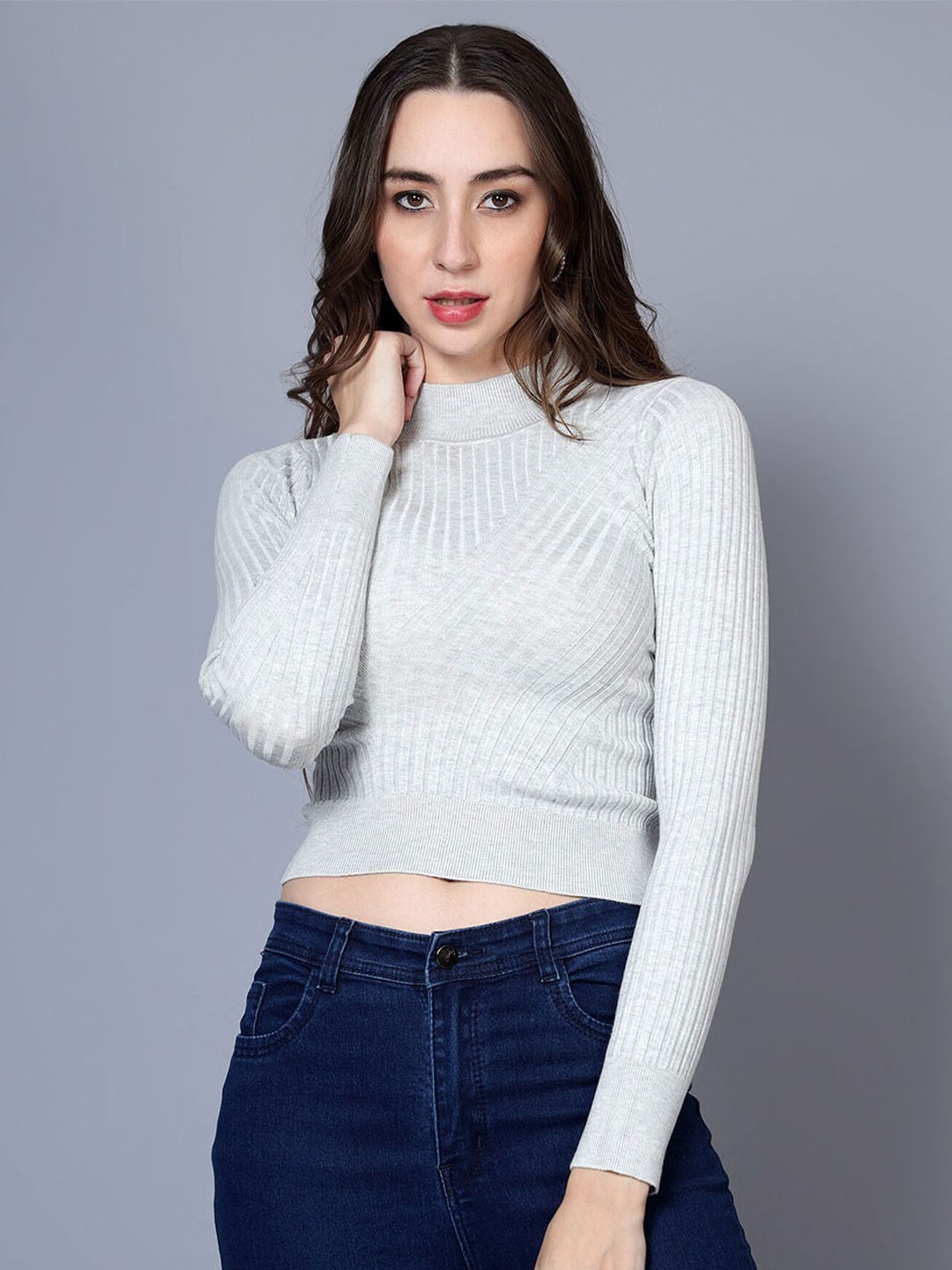 

BROOWL Ribbed Woollen High Neck Crop Pullover, Grey