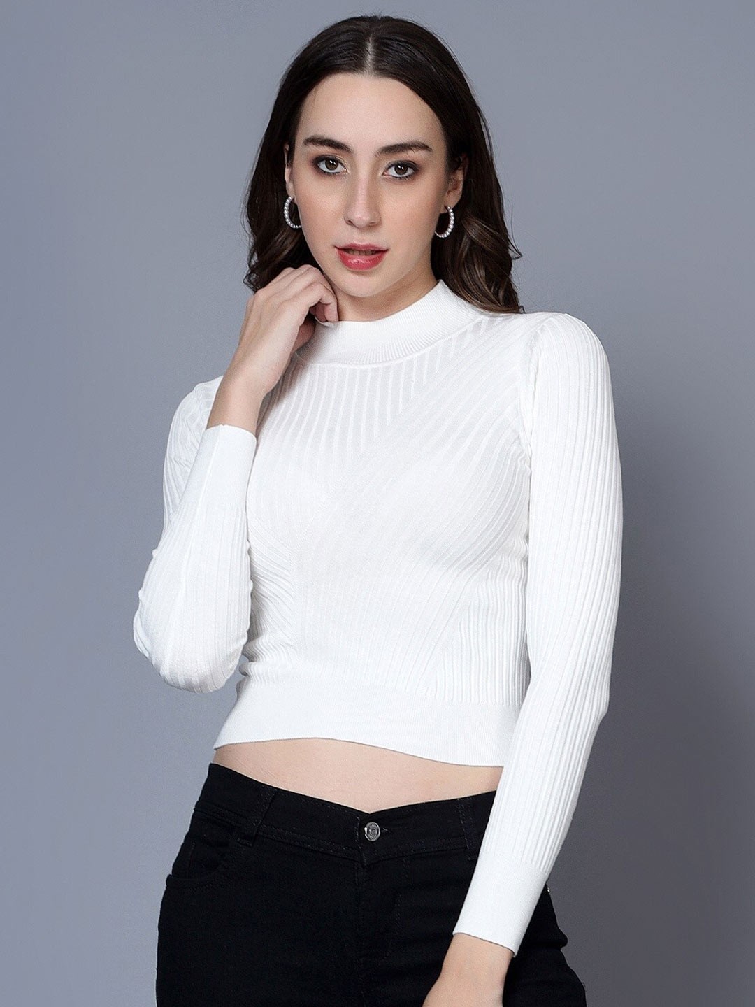 

BROOWL Ribbed Woollen High Neck Crop Pullover, White