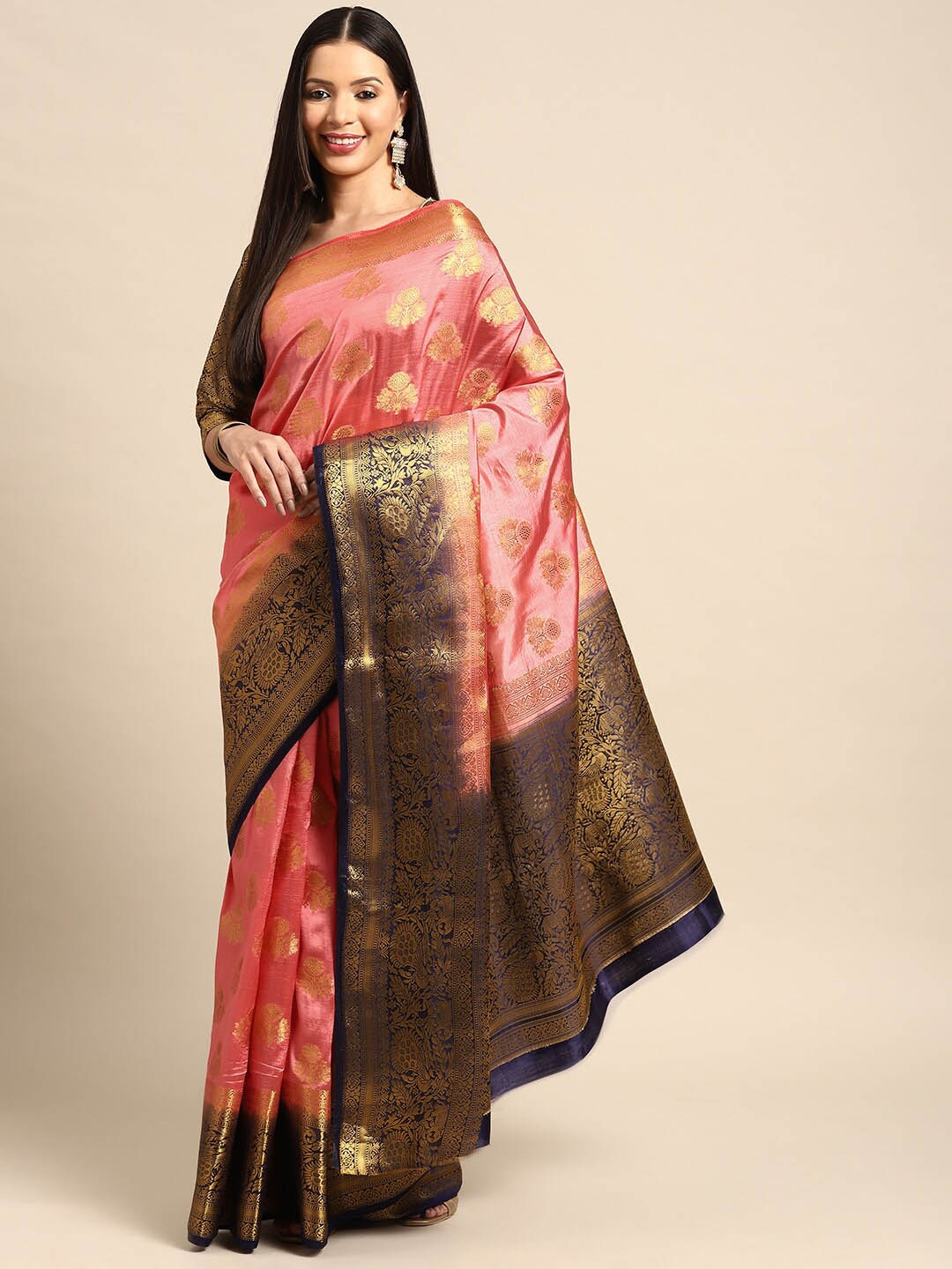 

Mitera Coral & Gold Toned Ethnic Motifs Woven Design Zari Pure Silk Banarasi Saree