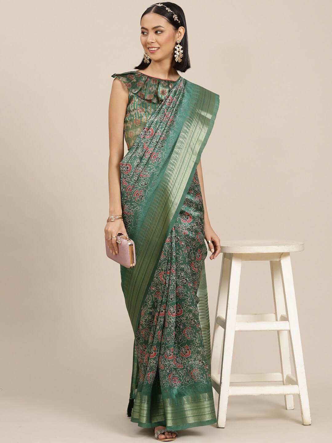 

Mitera Green Ethnic Motifs Printed Zari Saree