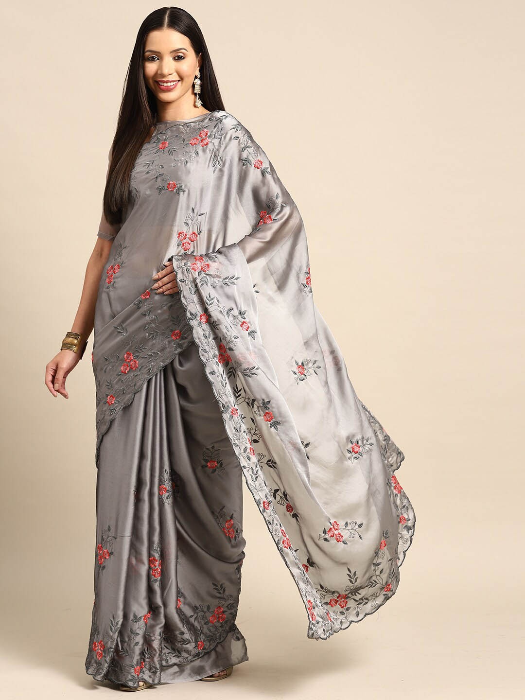 

Mitera Grey Floral Embroidered Pure Silk Saree