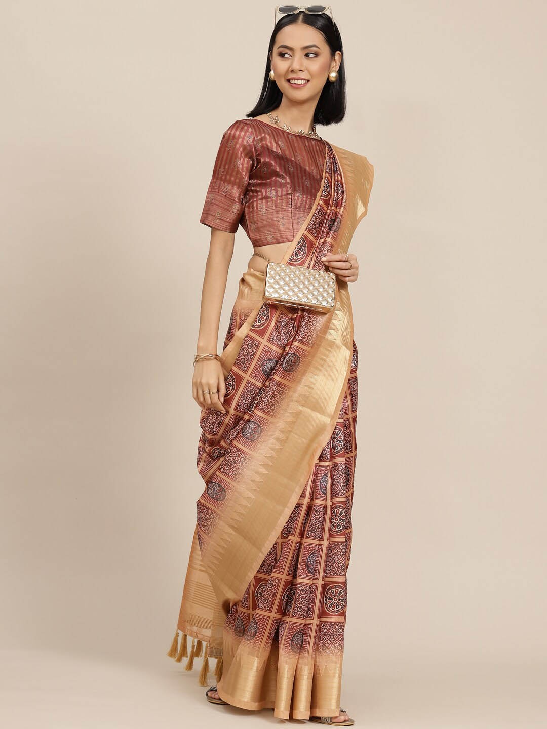 

Mitera Ethnic Motifs Printed Zari Silk Cotton Saree, Camel brown