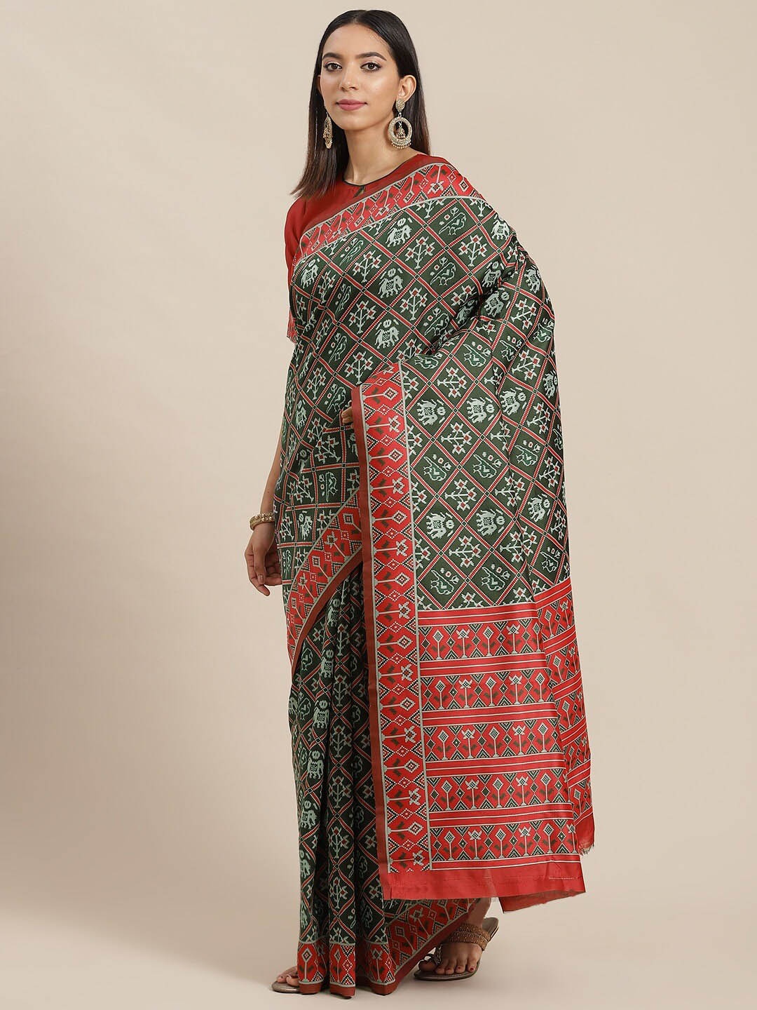 

Mitera Ethnic Motifs Printed Silk Cotton Patola Saree, Green