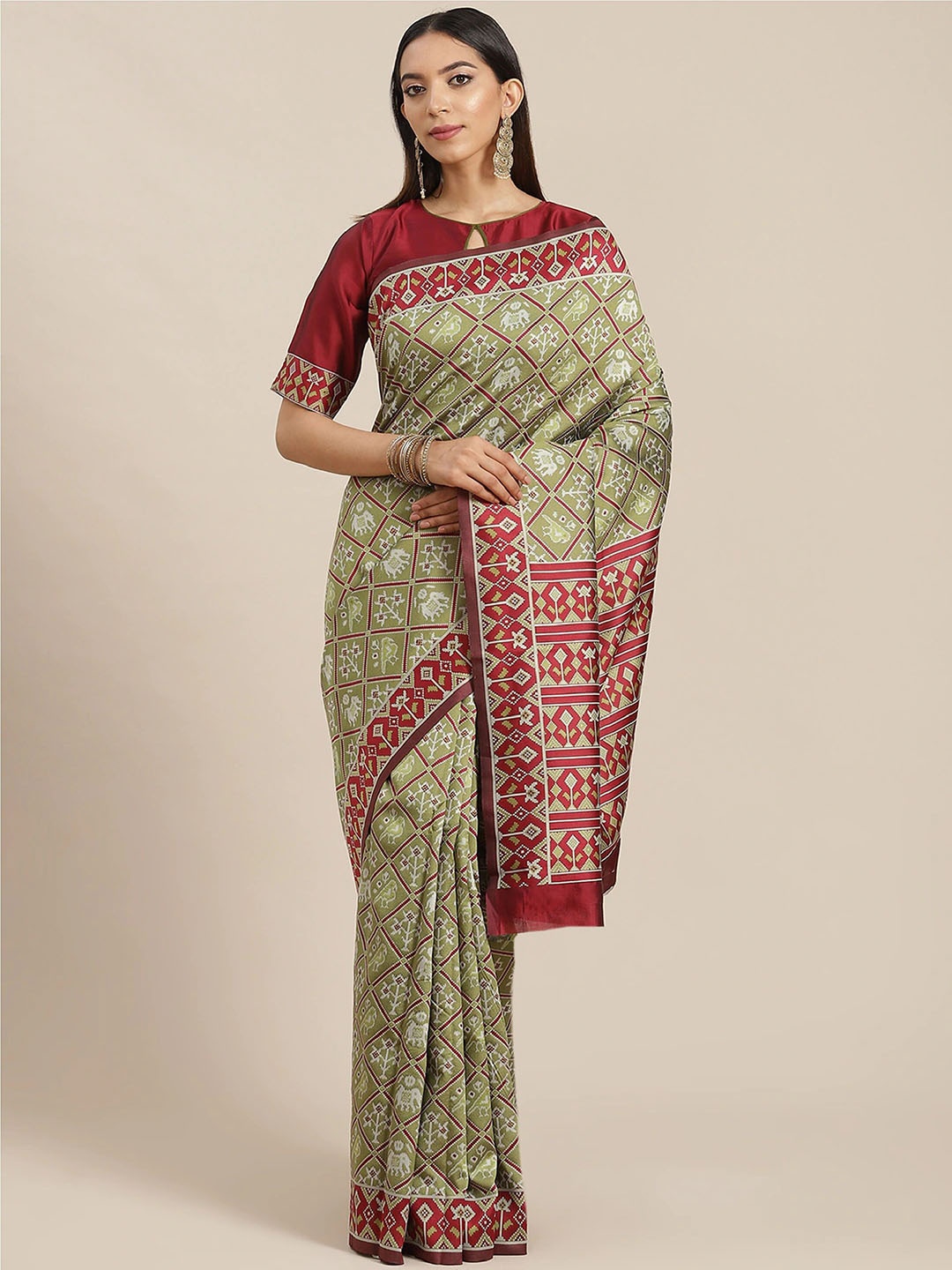 Mitera Olive Green Ethnic Motifs Woven Design Silk Cotton Patola Saree