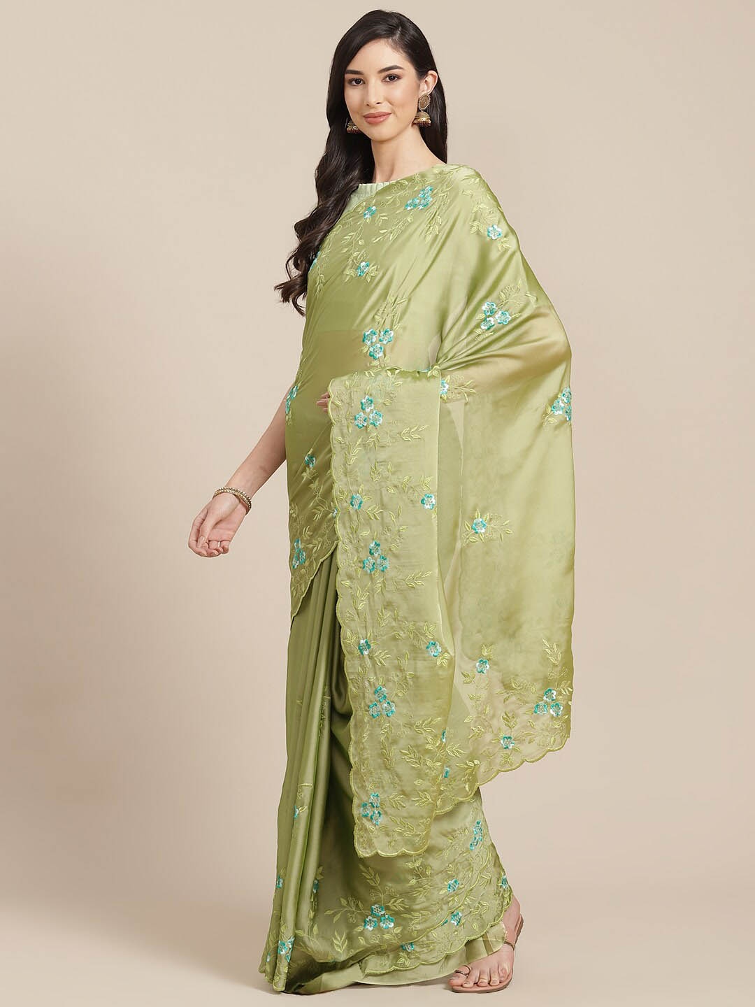 Mitera Floral Embroidered Pure Silk Saree, Sea green