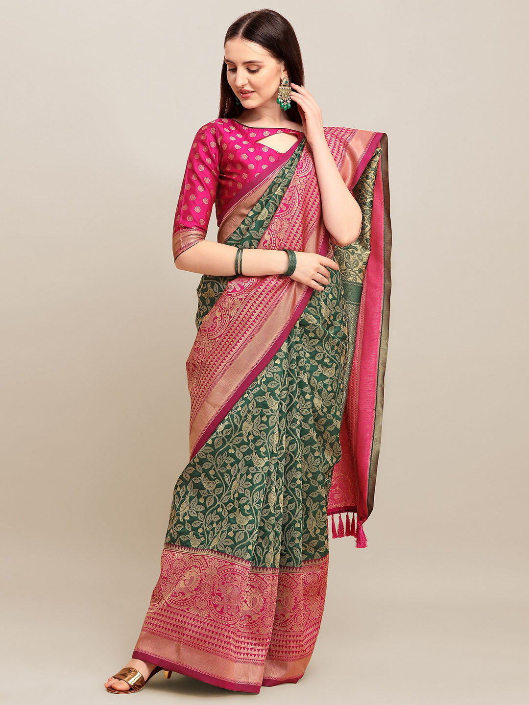 

Mitera Green & Pink Ethnic Motifs Woven Design Zari Silk Cotton Banarasi Saree
