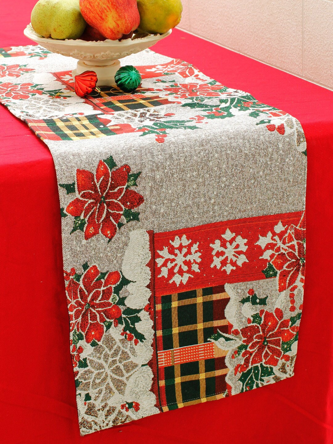 

AVI Living Grey & Red Floral Christmas Printed Table Runner GSM 600