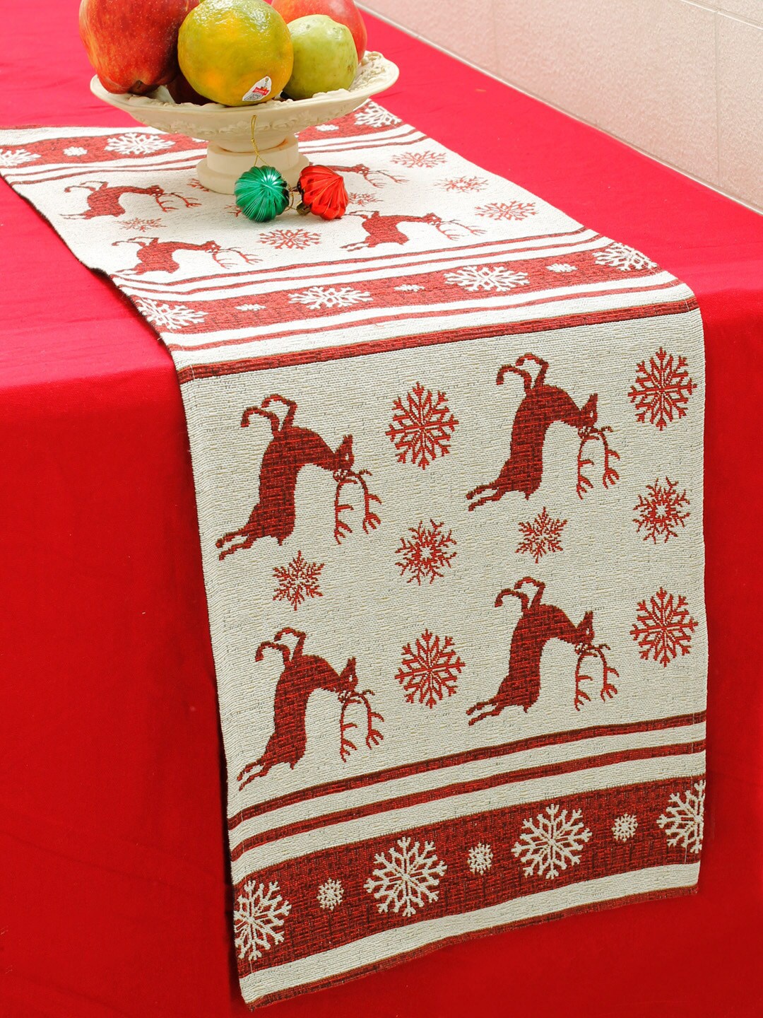 

AVI Living Off-White & Red Reindeer Christmas Printed 600 GSM Table Runner