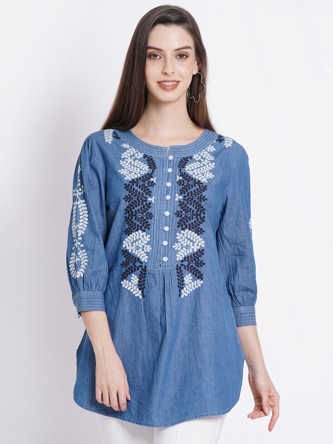 

SUMAVI-FASHION Embroidered Puff Sleeves Organic Cotton Denim Longline Top, Blue