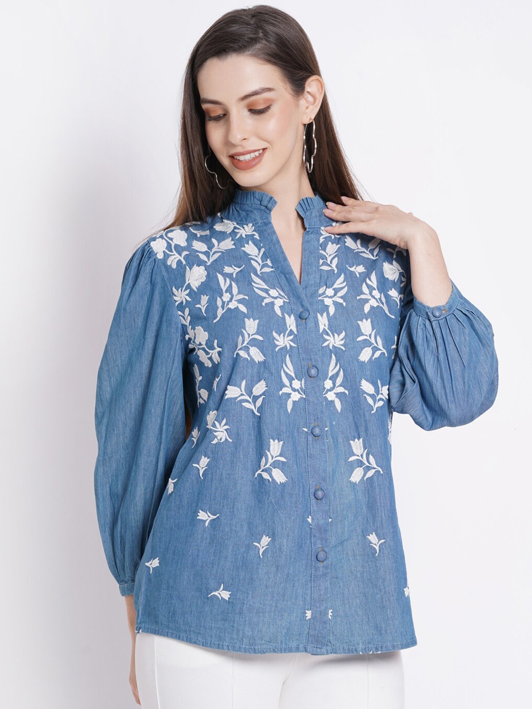 

SUMAVI-FASHION Floral Embroidered Mandarin Collar Organic Cotton Denim Shirt Style Top, Blue