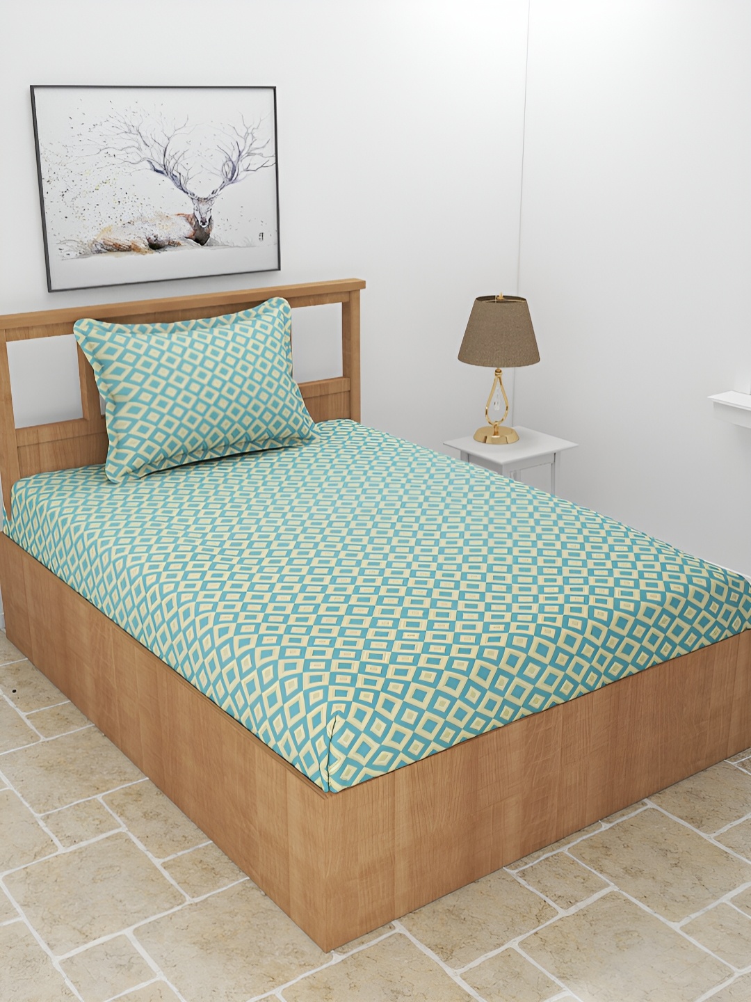 

BREVARD Green & Beige Geometric 210 TC Single Bedsheet with 1 Pillow Cover