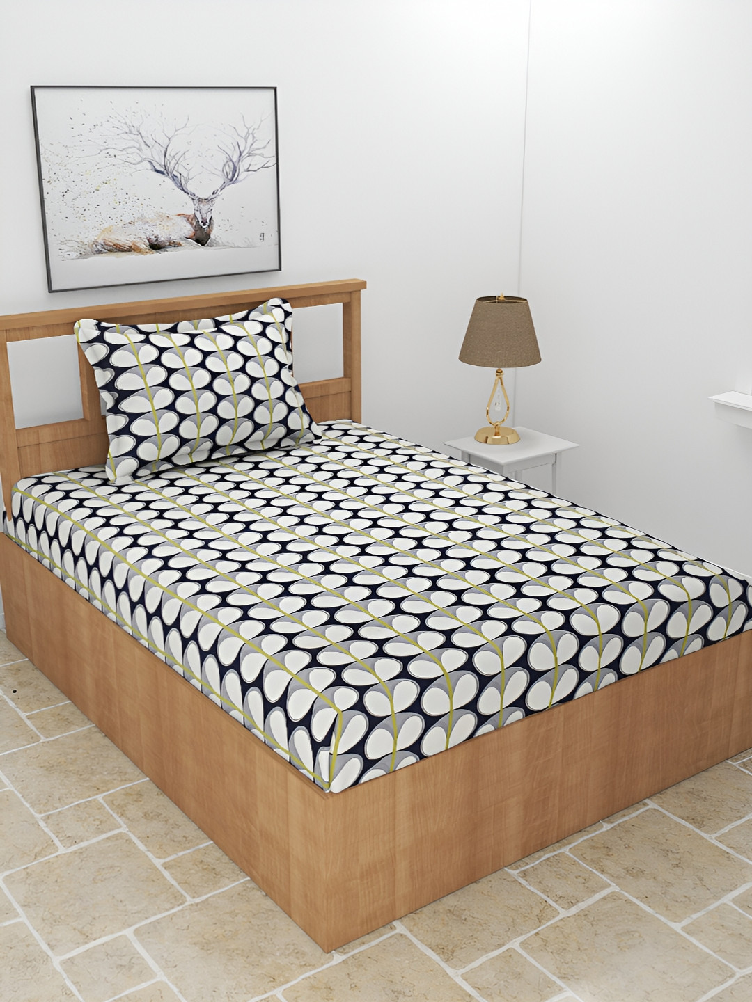 

BREVARD White & Navy Blue Printed 210 TC Single Bedsheet With 1 Pillow Cover