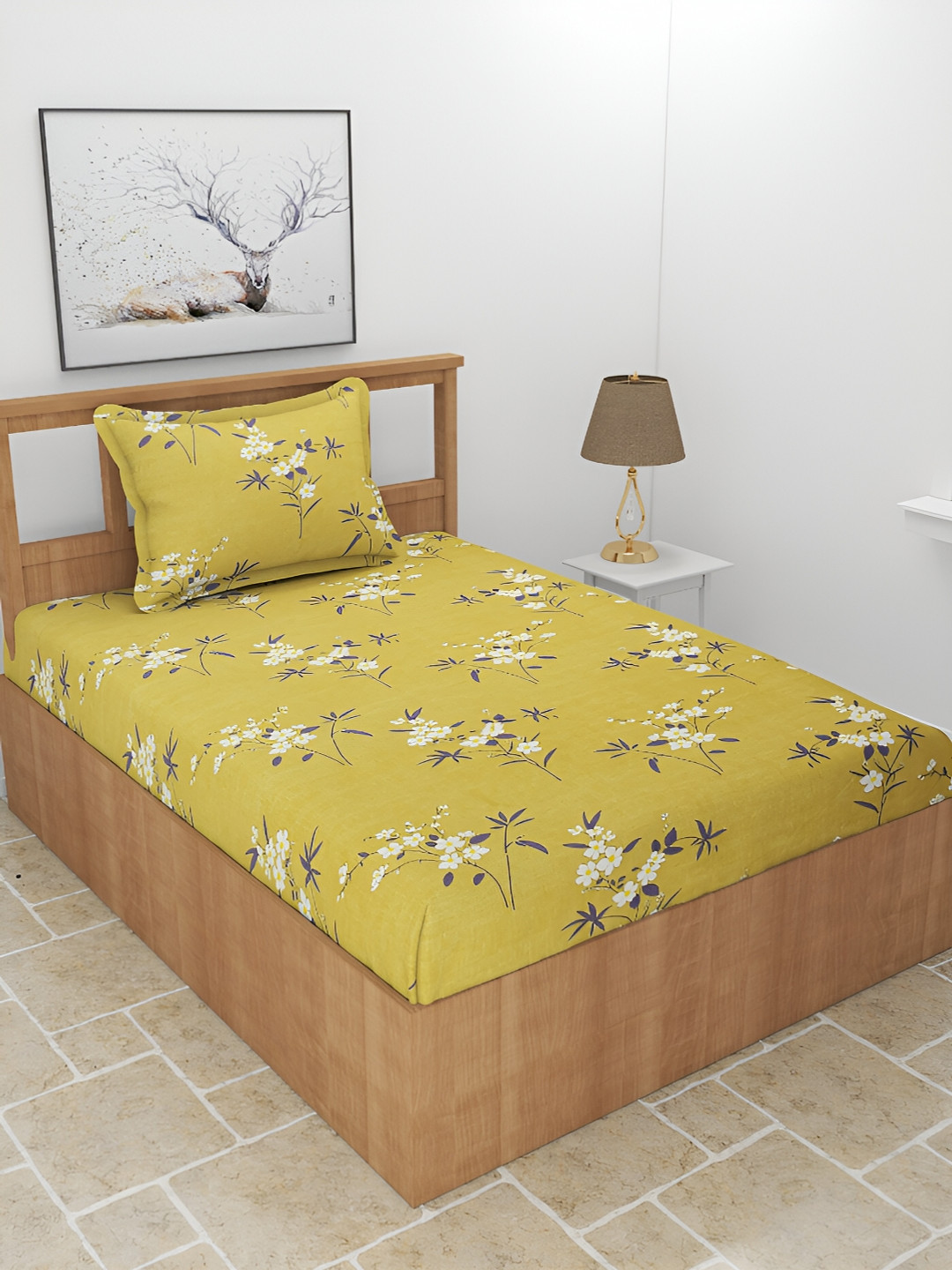

BREVARD Olive Green Floral 210 TC Single Bedsheet with 1 Pillow Cover