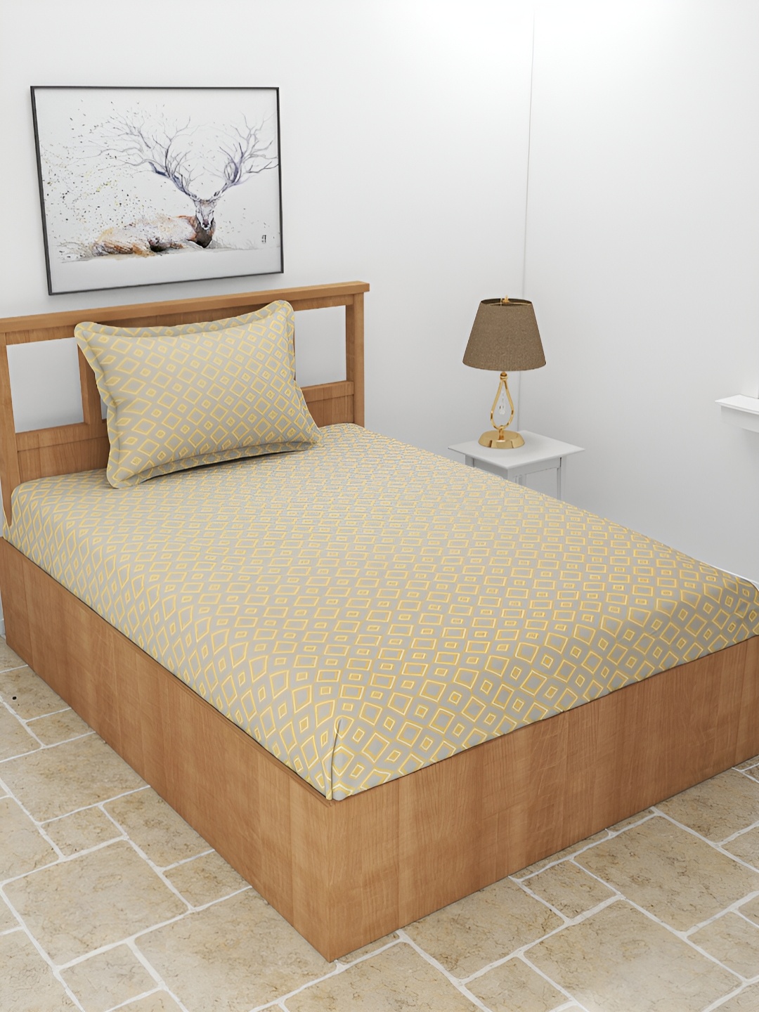 BREVARD Beige Printed 210 TC Single Bedsheet with 1 Pillow Cover
