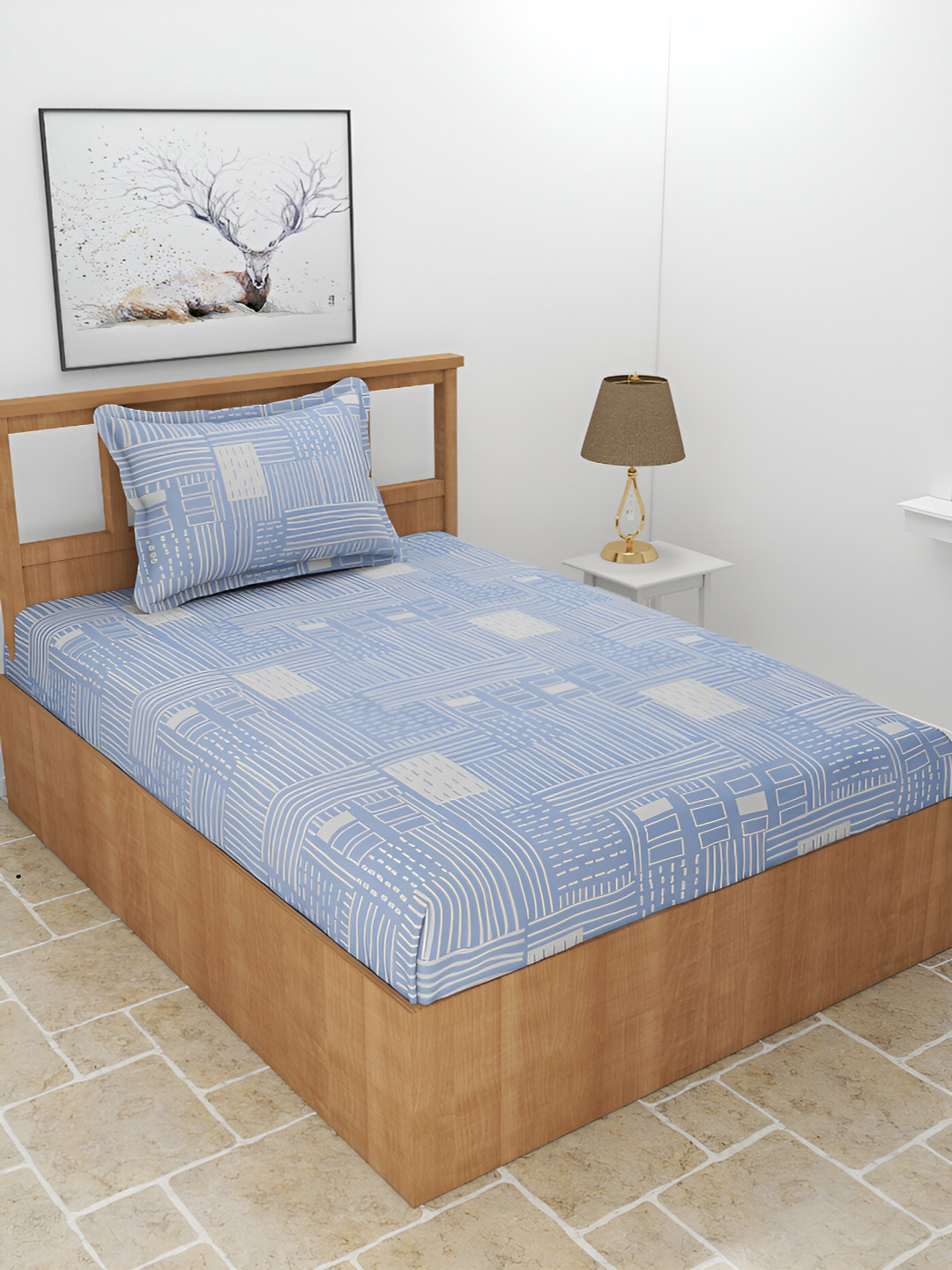 

BREVARD Blue & White Geometric 210 TC Single Bedsheet with 1 Pillow Cover