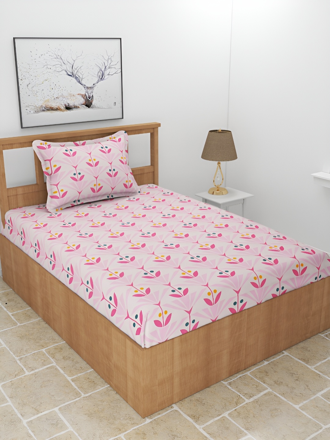 

BREVARD Pink Floral Printed 210 TC Single Bedsheet With 1 Pillow Cover