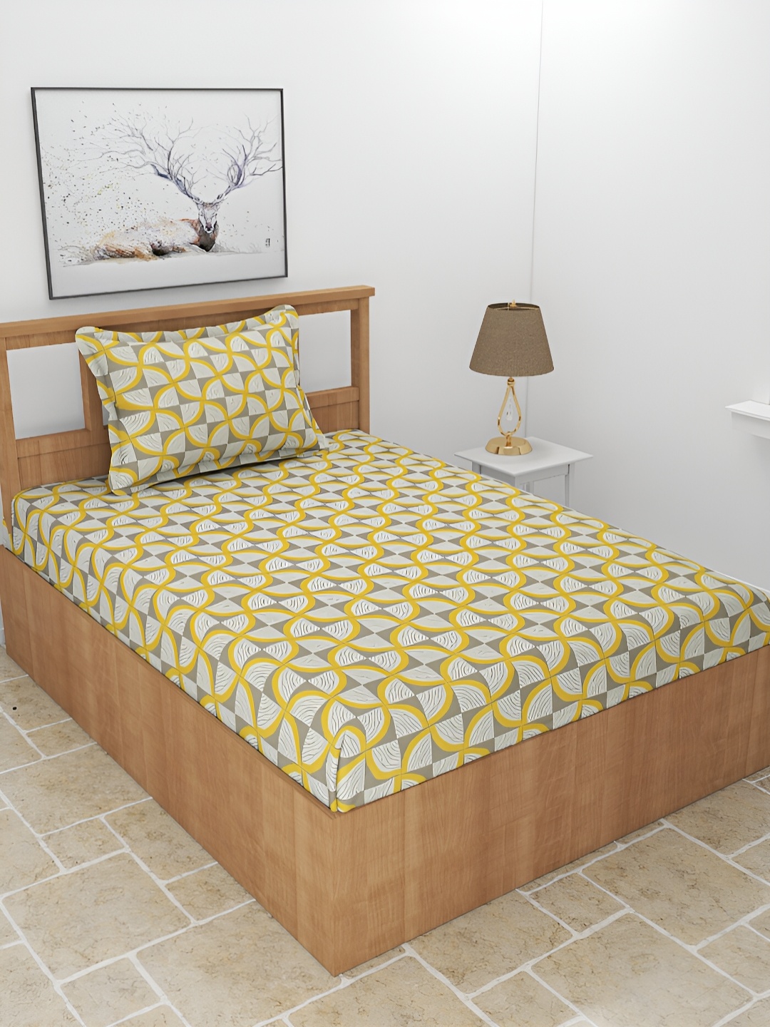 

BREVARD Yellow & Grey Geometric 210 TC Single Bedsheet with 1 Pillow Cover