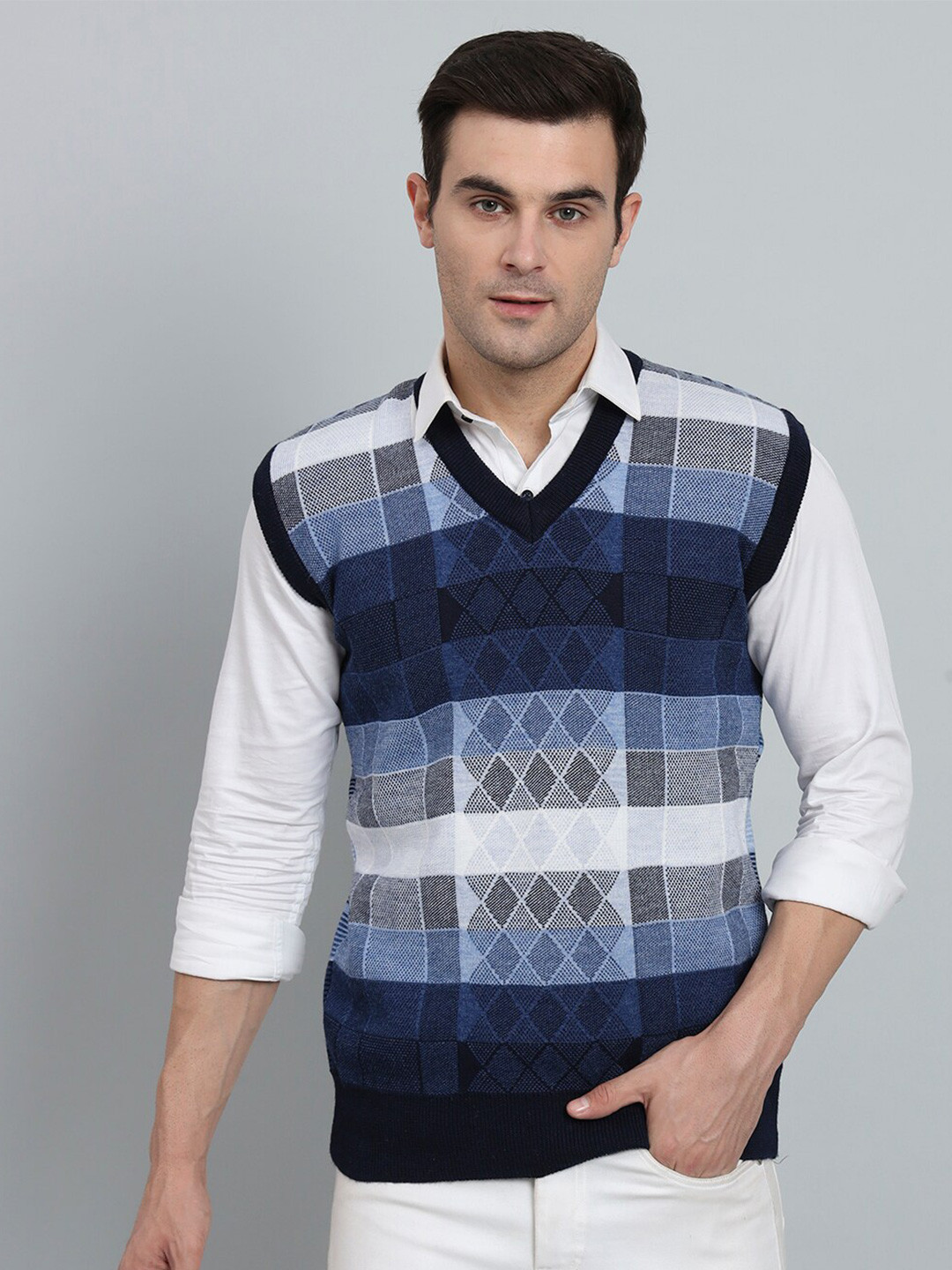

eWools Geometric Self Design V-Neck Woollen Sweater Vest, Blue