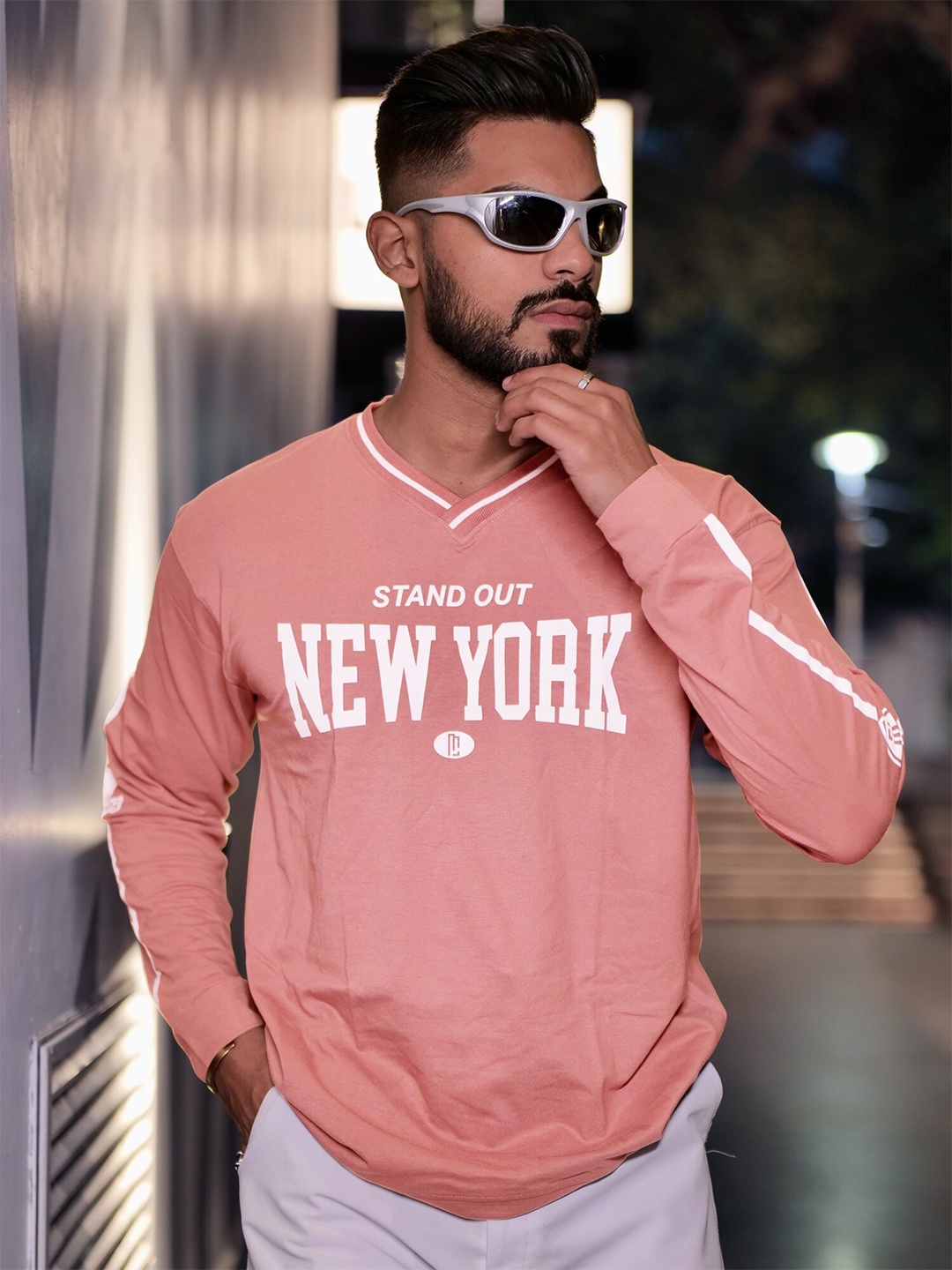 

Maniac Typography Printed V-Neck Oversized Cotton T-shirt, Pink