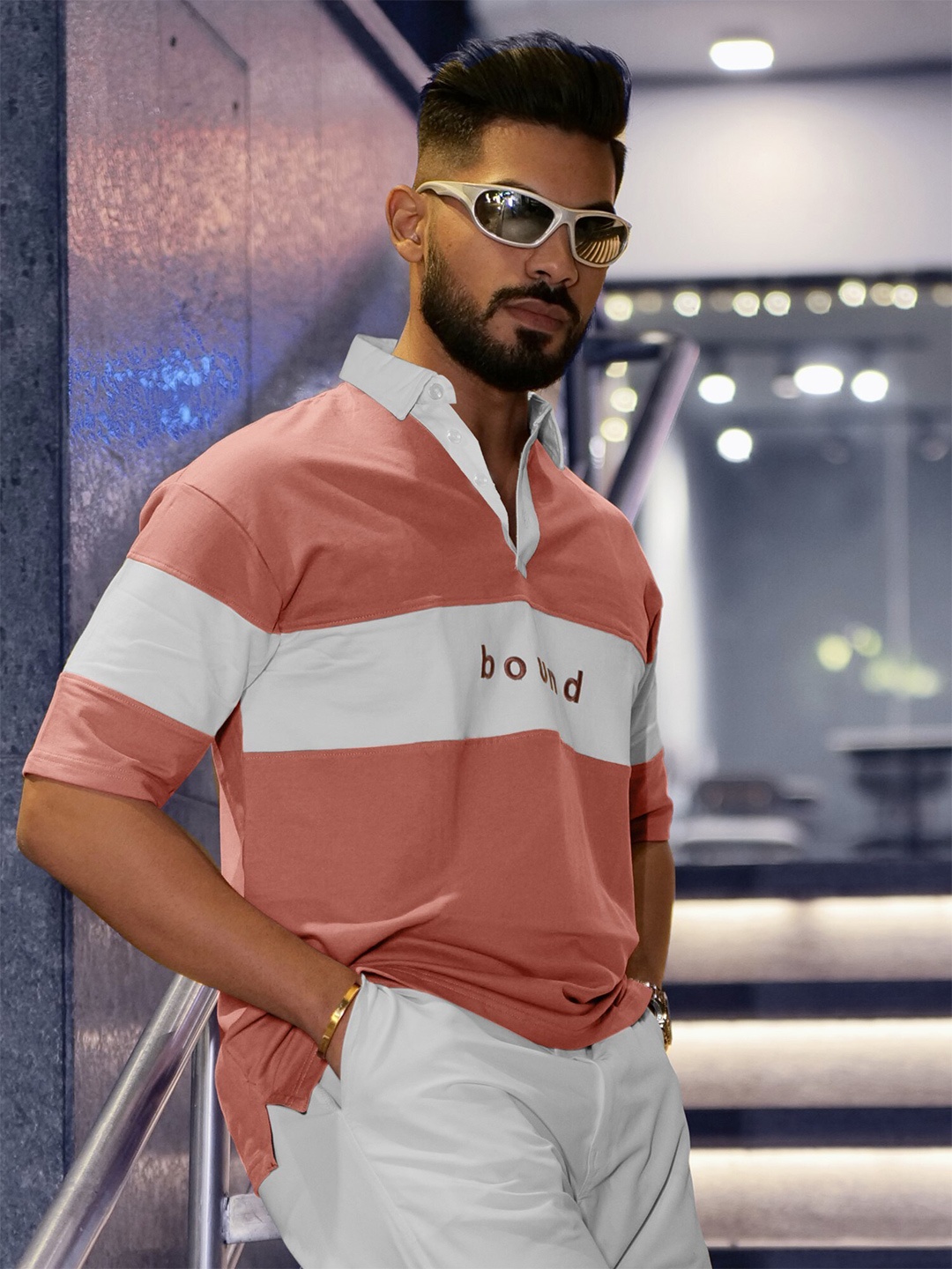 

Maniac Striped Polo Collar Oversized Cotton T-shirt, Pink