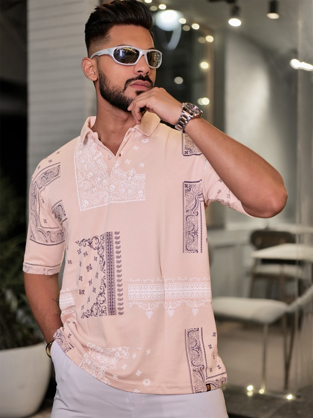 Maniac Ethnic Motifs Printed Polo Collar Short Sleeves Cotton Oversized T-shirt, Pink