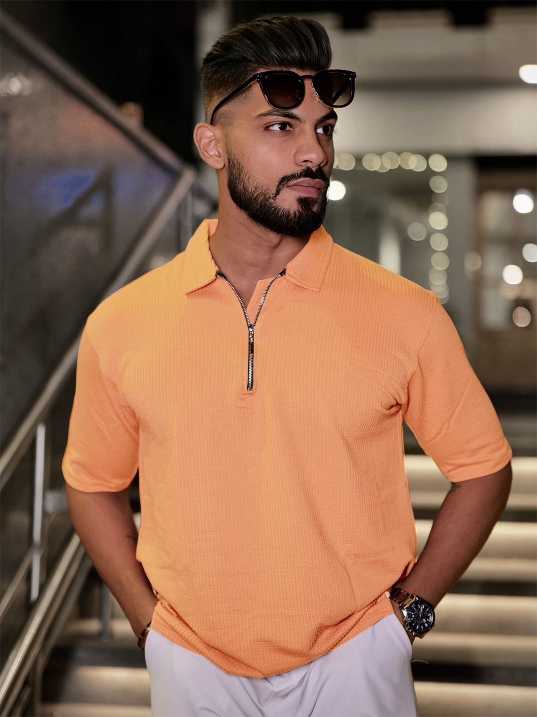 

Maniac Self Design Polo Collar Short Sleeves Zip Detail Cotton Oversized T-shirt, Orange