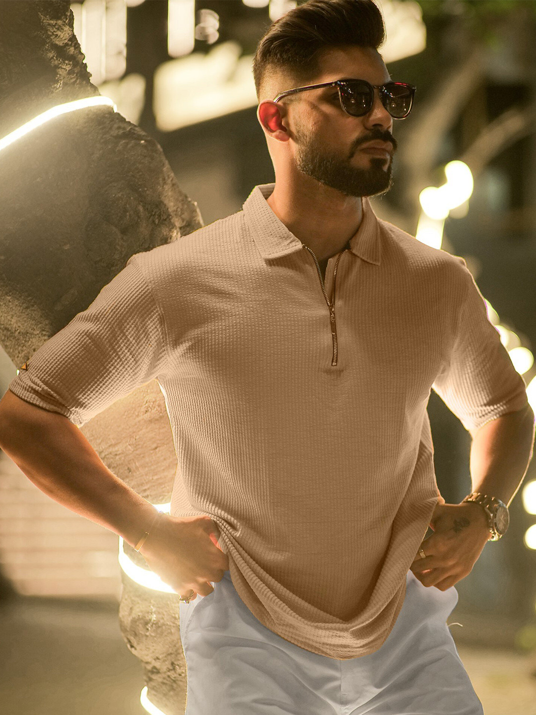 

Maniac Self Design Polo Collar Short Sleeves Zip Detail Cotton Oversized T-shirt, Beige