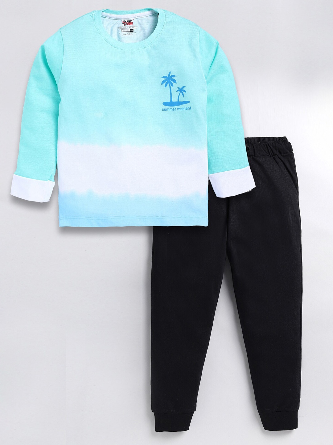 

SmartRAHO Boys Colourblocked Pure Cotton T-shirt with Trousers, Sea green