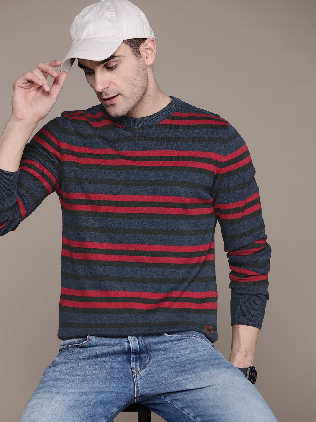 

Roadster Men Striped Cotton Pullover, Navy blue